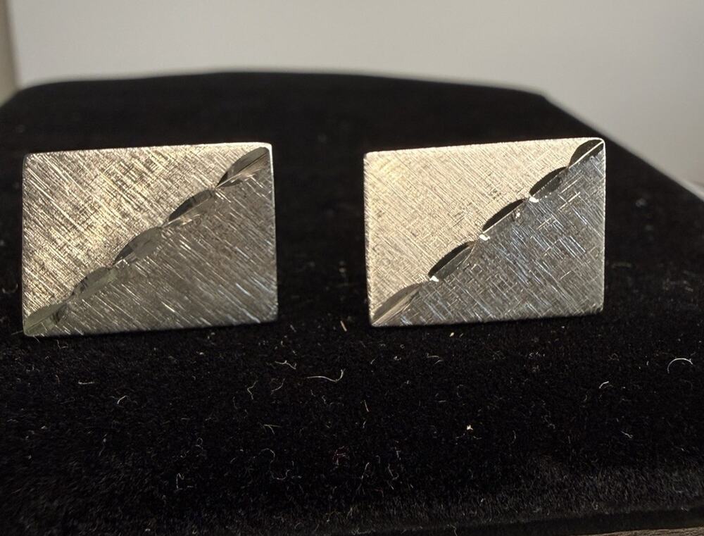 Vtg Anson Sterling Silver Cufflinks MCM Brushed Rectangle Diamond Cut 8.5g